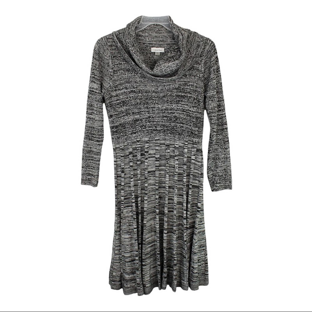 Women’s Calvin Klein Marled Knit Cowl Neck Long Sleeve Dress, Size 1X,Grey,Black